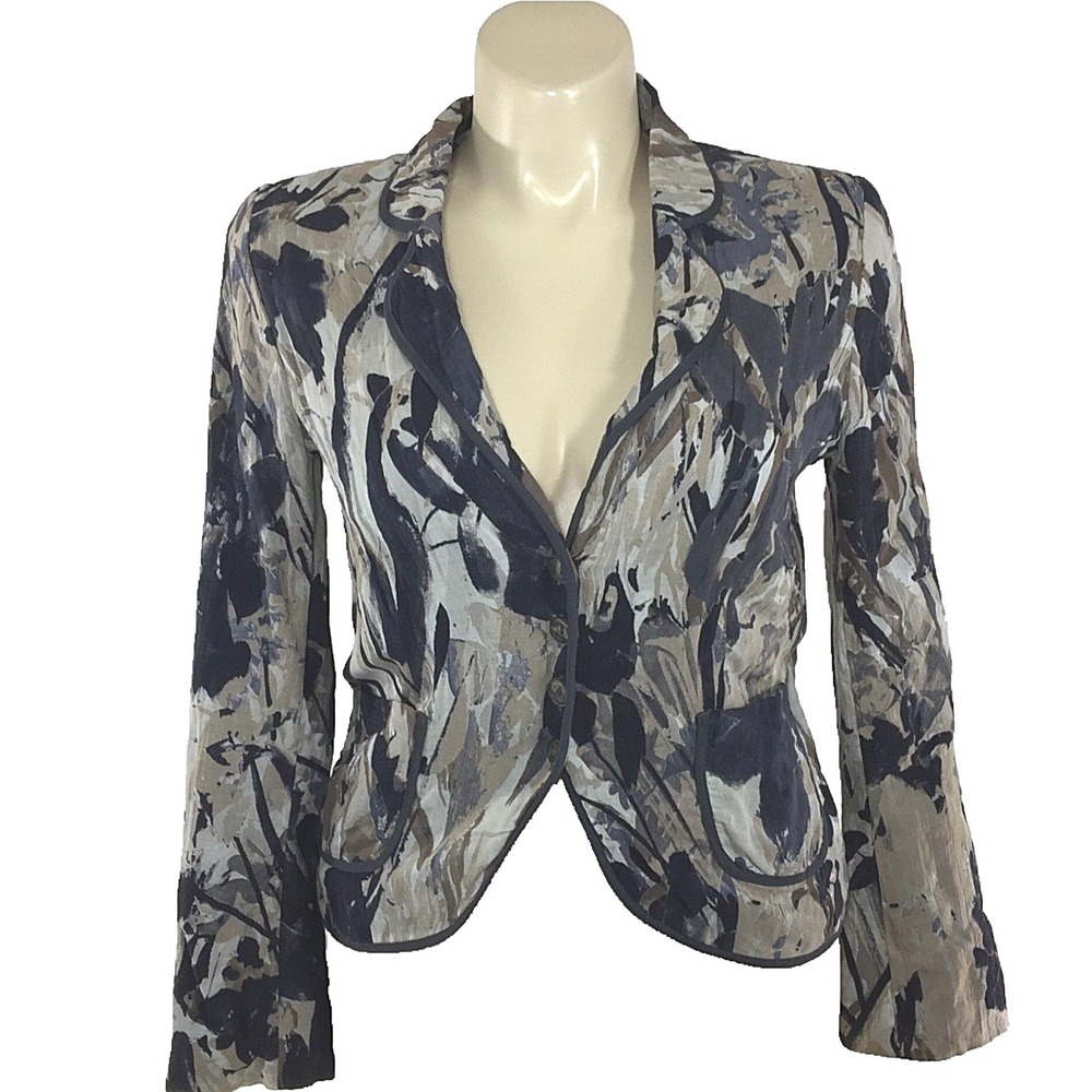 YORN Jacket 40 Dark Blue Beige Taupe Gray Floral Splatter Metallic Blazer US L